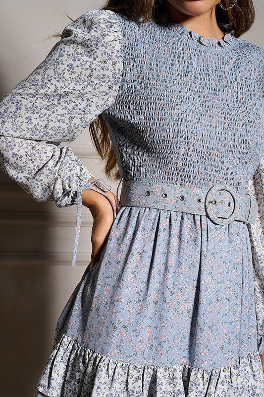 Smocked flower belted dress