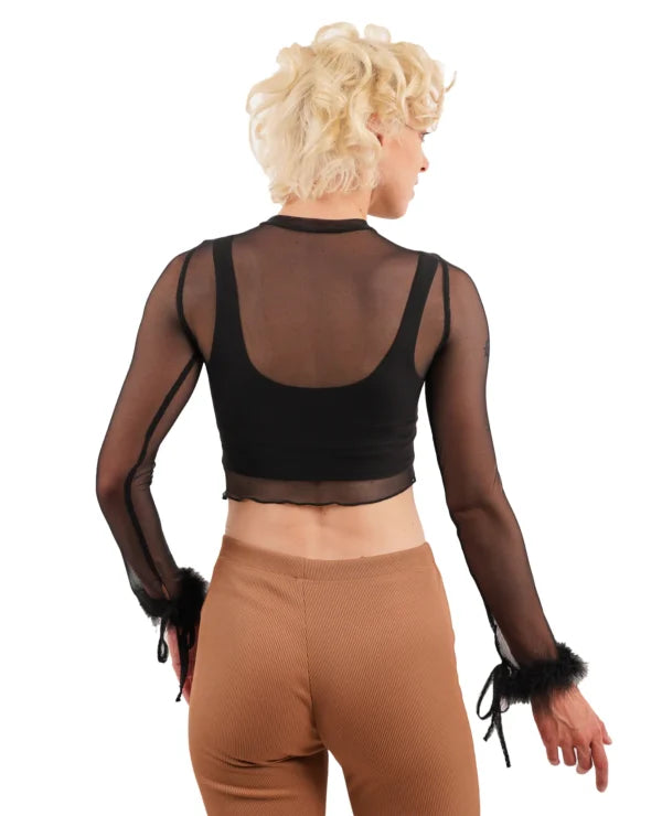 Blusa mesh transparente plumas